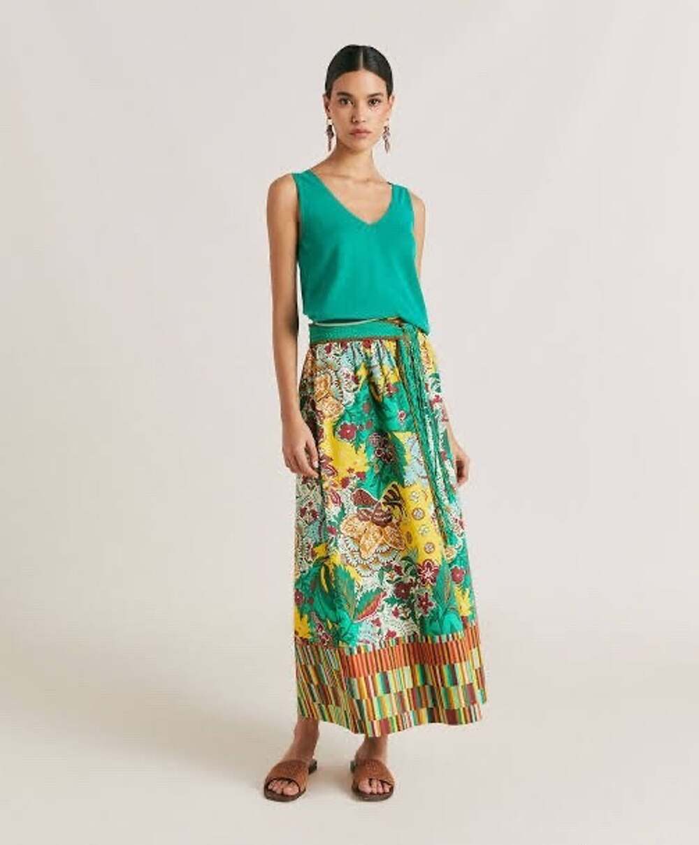 Momoni Iris Maxi Skirt Womens IT 44 Multicolor Floral Print Striped Boho Long
